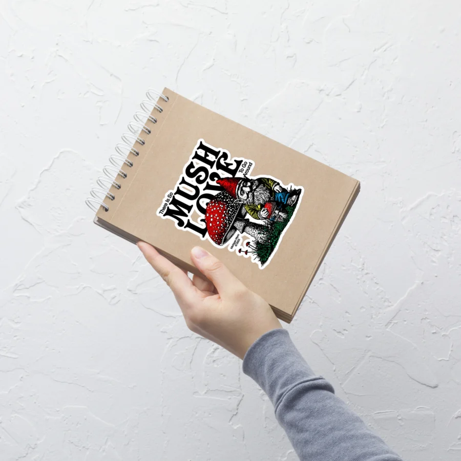 Mush Love Gnome Sticker on Notebook