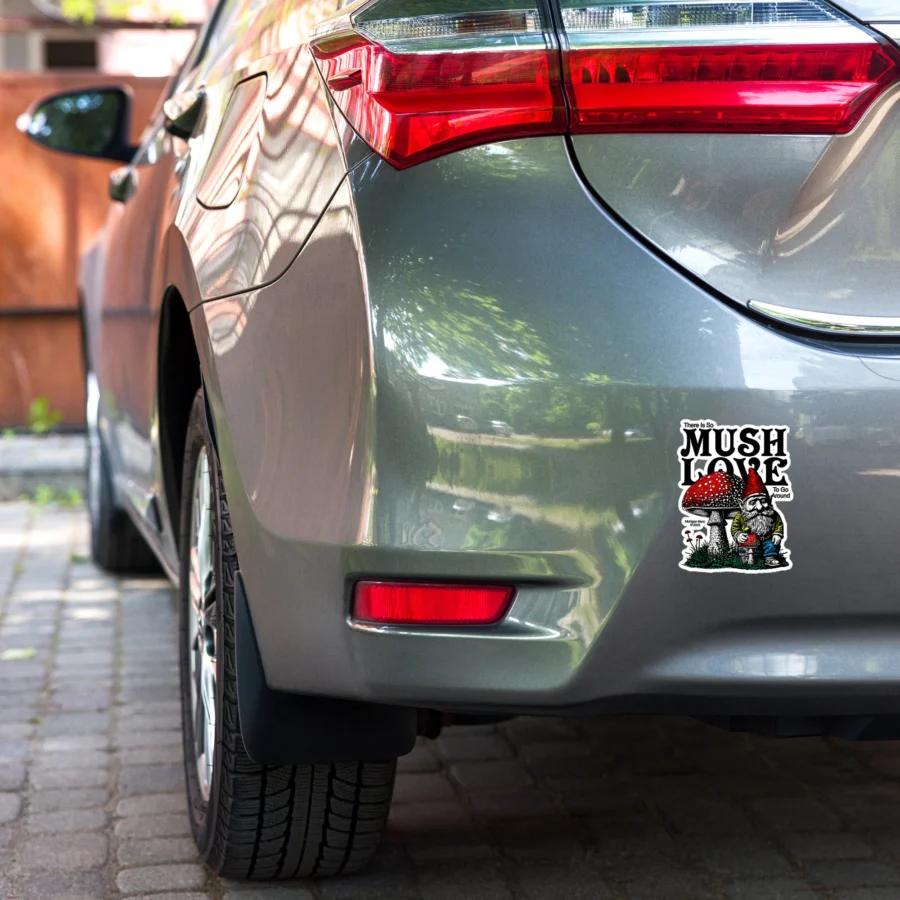 Mush Love Gnome Sticker on Car Bumper