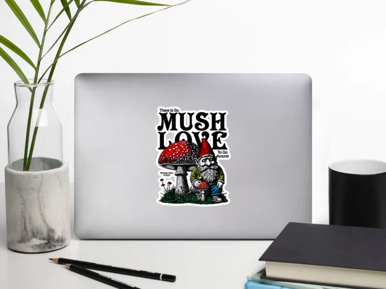 5.5x5.5 Mush Love Gnome Sticker on Laptop