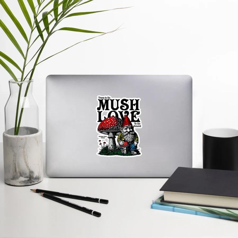 5.5x5.5 Mush Love Gnome Sticker on Laptop